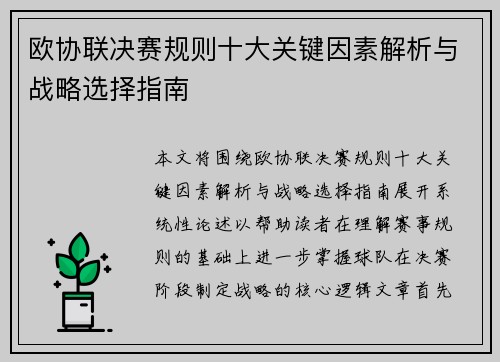 欧协联决赛规则十大关键因素解析与战略选择指南