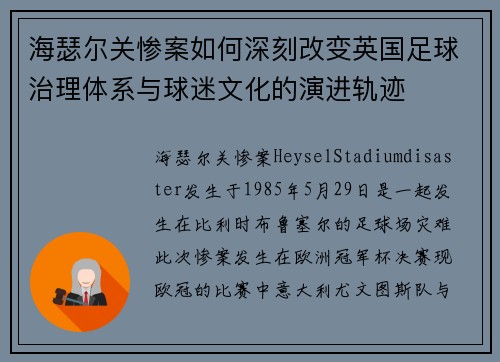 海瑟尔关惨案如何深刻改变英国足球治理体系与球迷文化的演进轨迹 海瑟尔关惨案如何深刻改变英国足球治理体系与球迷文化的演进轨迹