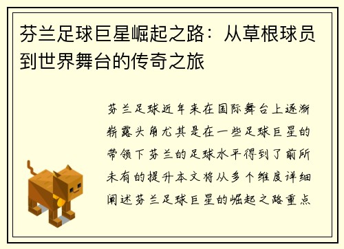 芬兰足球巨星崛起之路：从草根球员到世界舞台的传奇之旅