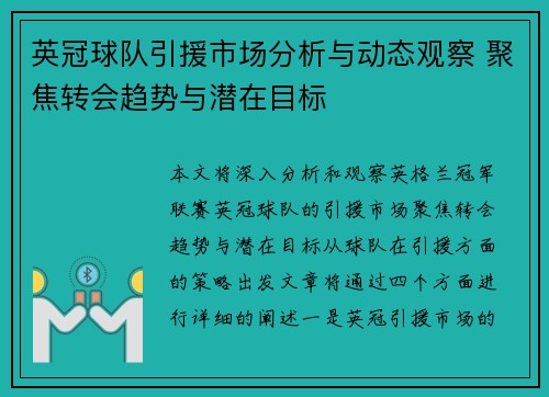 英冠球队引援市场分析与动态观察 聚焦转会趋势与潜在目标